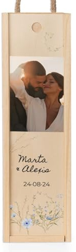 Wanapix | Caja de Vino Personalizada con Fotos y Textos | Caja de Madera con Tapa Corrediza y Asa | Capacidad 1 Botella | Regalo Boda | 11 x 37,5 x 10,5 cm