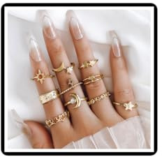 Dishowme Moon Star Infinity Ring Set Punk Heart Butterfly Knuckle Ring Crystal Pearl Flower Finger Joint Band 10/14/22Pcs Jewelry for Women Men Girls (Gold C)