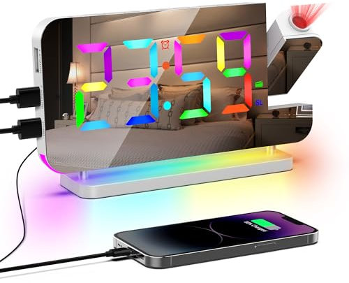 Lancoon Sveglia digitale con proiezione a 180° Radiosveglia 11 RGB Display a colori Luce notturna a 10 colori Volume 15 Livello Porta USB A/C Ricarica Snooze Bianco