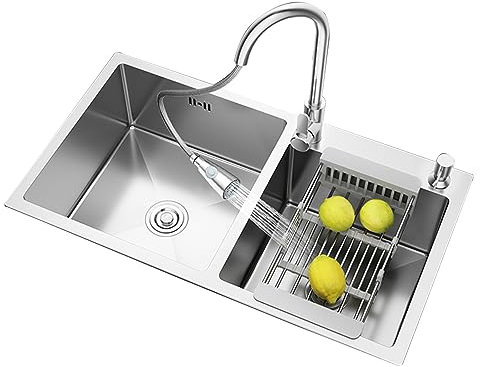 Eingebautes Unterbauwaschbecken, multifunktionales Spülbecken, Küchenspüle aus Edelstahl mit ausziehbarem Warm- und Kaltwasserhahn, Seifenspender, ausziehbarem Abtropfkorb, geeignet für Küche, Ho