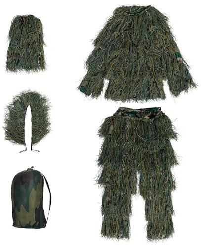 5-Teilige 3D Tarnanzug Camouflage Jagdbekleidung Jagdbekleidung Herren Einschließlich Jacke,Hose,Kapuze,Tragetasche Tarnumhang für CS Dschungeljagd Tierfotografie,ForestGreen-Kids