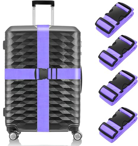 BILIONE 4 Pack Luggage Straps 79 Long Belts Keep Suitcase Secure While Traveling, TSA Approved Add a Bag Premium Accessory for Travel Bag Closure (4 Pcs Purple)