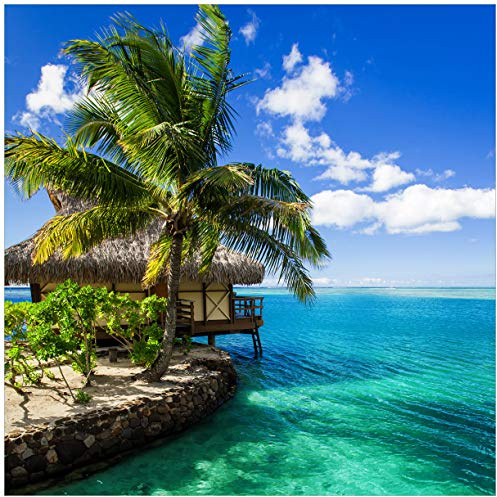 Wallario Glasbild Karibisches Meer Einsame Hütte unter Palmen - 55 x 55 cm Wandbilder Glas in Premium-Qualität: Brillante Farben, freischwebende Optik