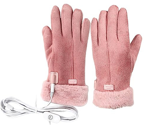 KOMBIUDA USB Beheizbare Handschuhe Damen Herren Lederhandschuhe Wiederaufladbar mit Handwärmer Funktion Winter Thermohandschuhe für Skifahren und Radfahren 1 Satz Rosa Elastisch und Dehnbar
