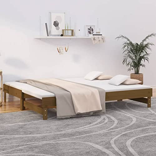 Iiaky Tagesbett Ausziehbar Honigbraun 2X(100x200) cm Massivholz Kiefer Bett Mit Ausziehbett Tagesbett Ausziehbar Daybed Tagesbett Bettgestell