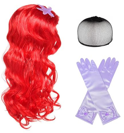 EUPSIIU Meerjungfrau Kostüm Perücke Und Prinzessin Handschuhe, Meerjungfrau Kinderperücke, Rot Lockige Perücke Lange Meerjungfrau Fancy Dress Up Für Mädchen Kostüm Halloween Cosplay Karneval (Rot)