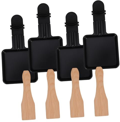 Hoement Miniature Cheese Pan Nonstick Metal Cheese Melt Pans with Handle for Raclette Grill Accessories with 4 Wooden Spatulas for Kitchen Use