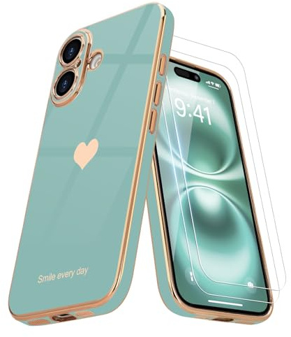 Teageo Mobilskal, kompatibelt med iPhone 16 Plus, med 2 skyddsfilmer, för flickor, stylingskal med hjärta, skyddsfodral av galvaniserad, mjuk TPU, med kameraskydd, reptåligt fodral, cyan