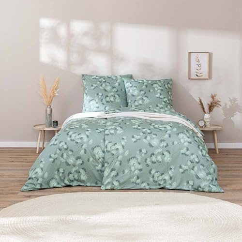 ESTELLA Biancheria da letto in jersey makò, 135 x 200 cm, Rumi Salvia verde, foglie, rami 6963-532