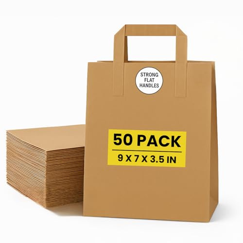 Brown Kraft Paper Bags with Handles – 50 Small Recyclable Biodegradable SOS Carrier Bags (9 x 7 x 3.5) | Eco-Friendly, Strong Takeaway, Grocery, Shopping, Lunch, Party & Gift Bag for Catering