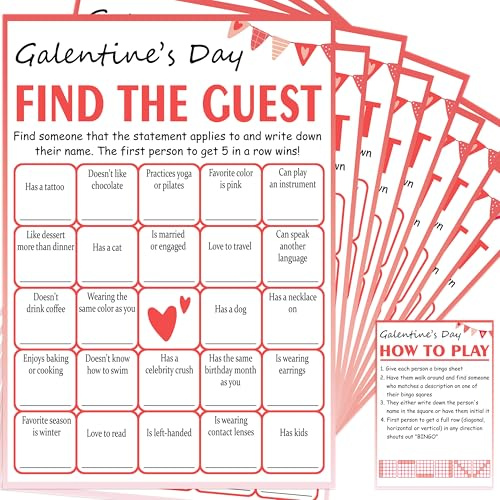 Find The Guest Bingo Game Cards, 24 Guests Galentine's Day Party Ice Breaker Game Best Friend Valentine's Day Gift for Women Besties Friends