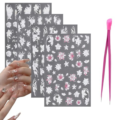 RTRTGS 4 Blatt 3D Nagelsticker, Frühling Blume Nagelaufkleber, 5D Stereoskopisch Selbstklebend Nail Art Sticker Dekoration Nageldesign Zubehör nagel sticker