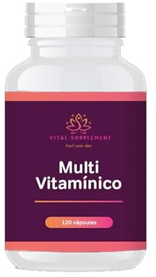 Multivitamínico VITAL SUPPLEMENT, con Vitamina C, Hierro, Zinc, Vit. D, Complejo B, Sin Gluten, 120 Capsulas, facil de tragar. Suplemento para 4 meses. Fabricado en España.