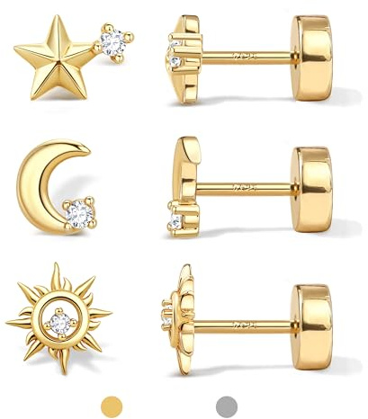 Dochais 3 Paar Ohrstecker Silber 925 für Damen Herren Ohrringe Silber 925 Stecker 14 Karat Vergoldet Kleine Ohrstecker Hypoallergenes Ohrringe Set Cartilage Knorpel Helix Conch Piercing Ohr Gold A