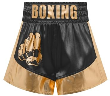 Oyolan Barn pojke boxningsshorts Muay Thai sparkar boxning MMA kampshorts sport elastisk midja metall, B guld svart, 9-10 ans