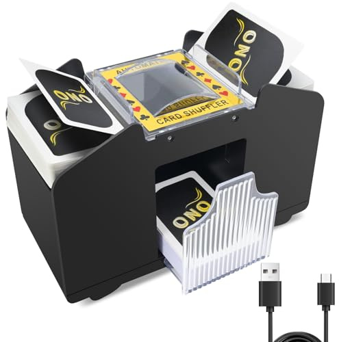 vonsera Kartenmischmaschine, Mischmaschine Karten für 1-4 Decks, USB-Kartenmischer automatischer für UNO, Poker und Blackjack – Kartenmischgerät batteriebetrieben (Schwarz mit USB, 4 Decks)