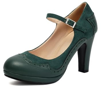 graceretro dam Mary Jane Wingtip klassisk och retro 1920-talet pumps klackar oxfordmönster vintage rund stängt tåparti 1950-talet ankelrem klänning skor, Grön, 41 EU