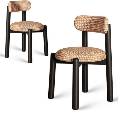 Juego de 4 sillas de comedor de madera de nogal moderna con respaldo curvado, marco resistente, piel antiarañazos y cojines de tela a cuadros
