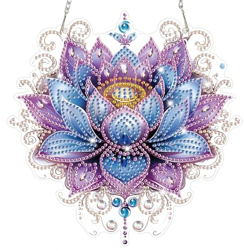 Lxmsja Lotusblume Diamond Painting Anhänger, 5D Blumen Diamond Painting Fensterbilder für Erwachsene, Bastelset Kreativ Set Hängend Ornament Geschenke Tür Fenster Wand Eingang Decor