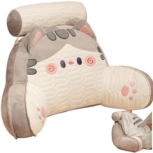 Xiyocadt Lesekissen mit Armlehnen und Nackenrolle, Niedliches Katzen Bettsitzkissen für Bett und Sofa, Ergonomisches Rückenkissen XXL, Weiches Plüsch Lesesitzkissen Für Lesen (Grau,75x50cm)