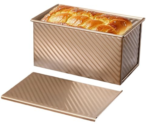JOAASU Pullman Loaf Tin with Lid, 1lb (450g) Non-Stick Corrugated Bread Pan, Carbon Steel Toast Tin for Oven Baking, Golden Bread Tin with Airflow Design for Homemade Toast & Bread