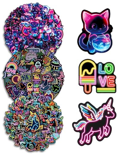 PLUSHCEWT 162 PCS Neon Stickers Pack for Kids & Adults, Waterproof Vinyl Sticker for Laptop, Scrapbook, Water Bottle, Phone, Suitcase, Skateboard, Cool Stickers for Journaling, Party Bag Fillers
