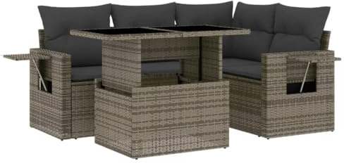 Foknhdi 5-TLG. Gartenset Poly Rattan Sofa mit verstellbarem Tisch grau platzsparend für kleine Balkone Terrasse & Wintergarten Modernes Design Robust und Langlebig für Gartenmöbel Outdoor