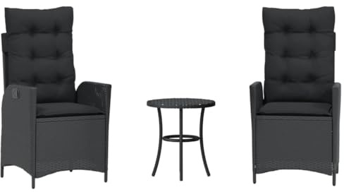 Qnhdfrt 3-TLG. Bistro-Set Gartenmöbel aus Polyrattan, verstellbare Gartenstühle mit Kissen, Gartentisch, Balkonmöbel Set für Terrasse und Außenbereich, Schwarz