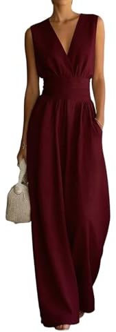 ZRYAZQ Jumpsuit Damen Sommer Elegant Mit Ärmel Overall Festlich Lang Tailliert Hosenanzug Hochzeitsgast Weites Bein Jumpsuits V Ausschnitt Buisness Romper Frauen Halbarm mit Tasche Sommer Playsuit