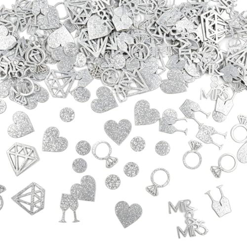 Kemay 200Pcs Wedding Confetti, Glitter Paper Table Scatter, Mr & Mrs Diamond Ring Heart Shape for Wedding Decorations, Bridal Shower, Engagement, Anniversary Party Decor