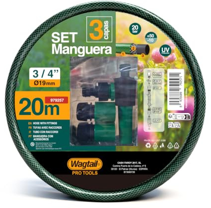 SET - Manguera de Jardín 20M 3/4 Reforzada con Triple Capa, con Conectores Rápidos, Adaptadores y Pistola de Riego, Resistente y Flexible