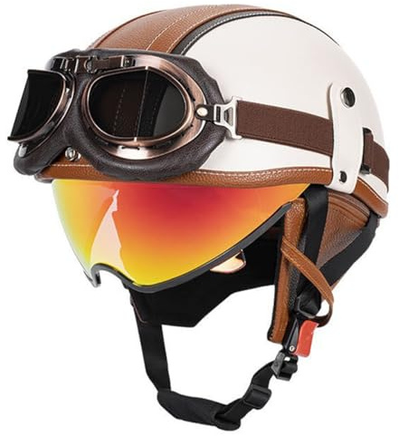 Moto Caschi Jet E Demi-Jet Vintage Omologato DOTECE Mezzo Pelle Casco Da Motociclista Caschi Cromwell Scooter Street Con Occhiali Portatile Casco Scodella Per Uomo Donna 12,M:57-58CM