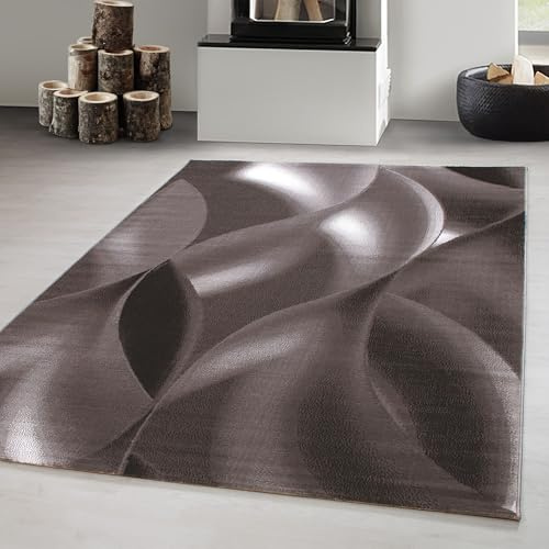 Carpetsale24 Teppich 200x290 cm Braun Kurzflor Abstrakt Wellen Design Moderner Teppich für Wohnzimmer Schlafzimmer Flur Küche Esszimmer Kinderzimmer Pflegeleicht Weich