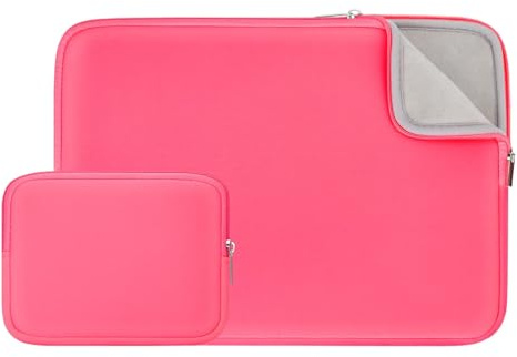 RAINYEAR 15.6 Inch Padded Laptop Sleeve with Accessories Pouch, Bright Pink | Compatible with 15.6 Notebook Computer Chromebook Protective Case Soft Fluffy Lining Cover Carrying Bag