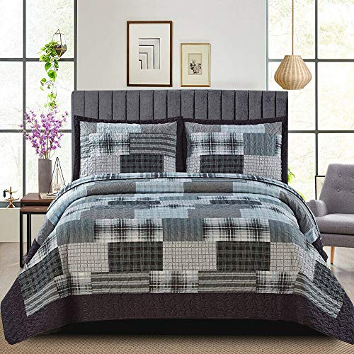 Patchwork Quilt Bedspread Super King Size Bed - 3 Pcs Box Pattern Thick Cotton Filling Bed Warmer Large Blanket Spread With Quilt Fabric 2 Pillowcase - Denim Grey