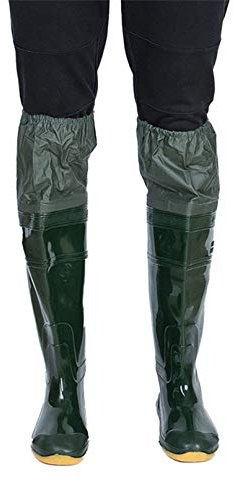 QTDZ PVC/Nylon Leichte Angeln Waders Stiefel, Dicke und Super Hoch Watstiefel Hose mit Elastische Schrumpfung, rutschfest wasserdichte Gummi Boot Größe 35-45 für Herren Damen,Grün,44 EU