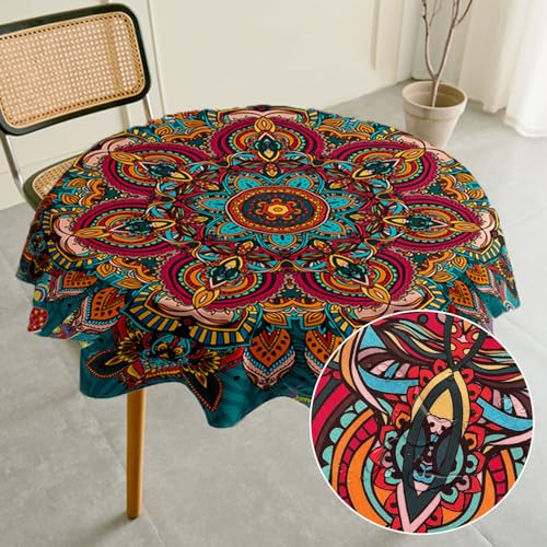 Highdi Tischdecke Abwaschbar Rund 180cm, Outdoor Tischdecken Wasserabweisend Lotuseffekt Mandala Table Cloth Modern tischdecke für Garten Restaurant, Ideal für 120cm-140cm