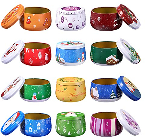 HEMOTON 12 Stück Weihnachts-Dose aus Zinn-Kunststoff, für Kekse, Süßigkeiten, Behälter aus Eisen, Weiß, Geschenk mit Deckel, für Weihnachten, Party, Urlaub, Zubehör