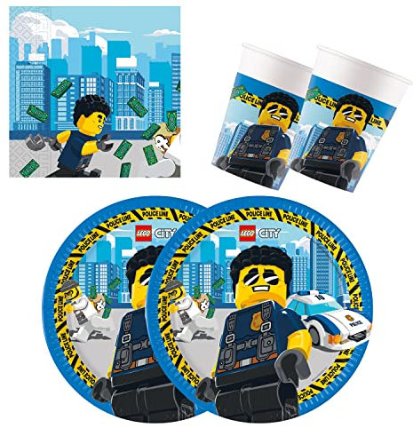 Procos 10137424 - Partyset S Lego City, 52-teiliges Set, 16 Teller, 16 Becher, 20 Servietten, Einweggeschirr, Partygeschirr, Tischdekoration