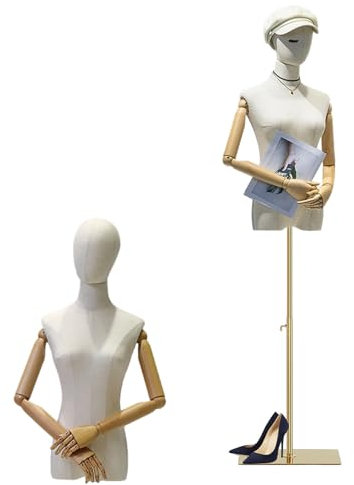 Jueraori Schaufensterpuppe Körper Weiblich, Schneiderpuppe mit Holz Armen, Mannequin Torso mit Verstellbare Höhe 140-190cm, Damenbüste Kleiderpuppe Ausstellungsstand (Farbe : Golden, Größe : M)