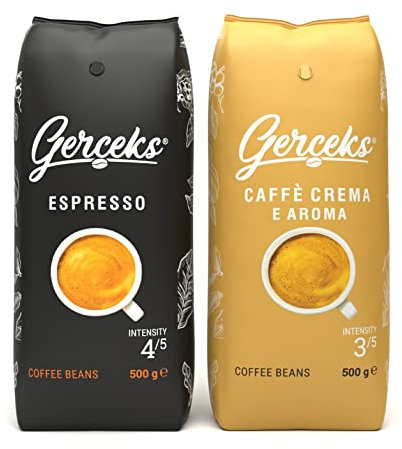 GERCEKS Kaffeebohnen Probierset 1kg, Espresso Kaffee & Caffe Crema, Espressobohnen kräftig und schokoladig, Barista Bohnenkaffee mit wenig Säure, Arabica und Robusta, mittlere Röstung, 2x 500g Pack