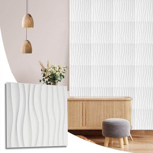 NOVECRAFTO Wave Flow Effect 3D Wall Panels Pack of 20 Sheets Covering 53.82 sq ft (5 sqm), Decorative Cladding Panel Size 19.7x19.7 (50x50cm) PVC Wall Panel in White with Wave Flow Design