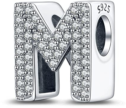 LaMenars Buchstabe M Charm 925 Sterling Silber Perlen für Armbänder mit 5A Zirkonia, Geburtstagsschmuck Geschenke Frauen