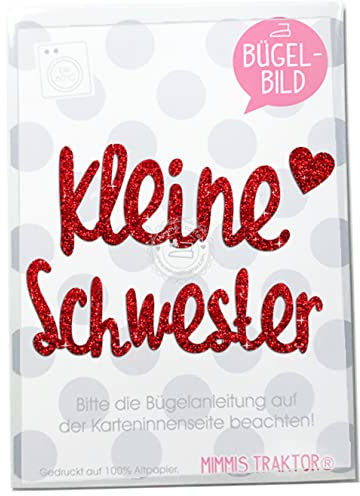 GLITZER Bügelbild kleine Schwester mit Herz 10 cm Aufbügler Applikationen Bügelsticker für Stoffe Textilien Kinder zum Aufbügeln Flicken, Farbe:Glitzer rot