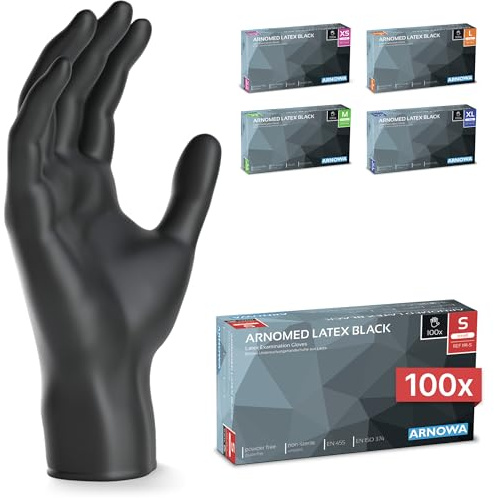 ARNOMED latex engångshandskar S, svarta, puderfria, 100 st/ask, engångshandskar, latexhandskar finns i storlekarna XS, S, M, L & XL.
