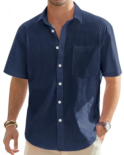 J.VER Mens Linen Shirts Short Sleeve Summer Beach Casaul Lightweight Cotton Regular Fit Holiday Button Down Shirt with Pocket Navy Blue XXL