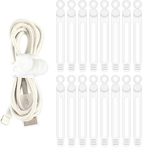 TamBee Cable Ties Reusable Silicone Cable Straps 16pcs White Cable Wire Ties Cable Cord Organizers for Earphone Phone Charger Audio Cable Computer (White)