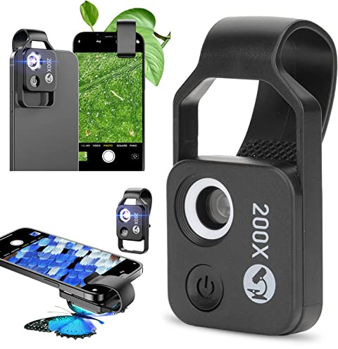Mini Microscopio para Teléfono, Lente de Cámara de Microscopio de Bolsillo 200X con Luz LED, Microscopio Portátil para Teléfono Inteligente con Diseño de Clip con Polarizador CPL (Negro)