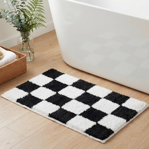 Tititex Luxuriöser schwarz-weiß karierter Gitter-Badezimmerteppich, 40,6 x 61 cm, klassisches Schachbrettmuster, extra weich und saugfähig, Mikrofaser-Badteppiche, rutschfester plüschiger zottiger