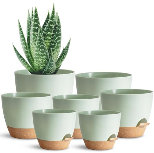 SUN-E Självvattnande växtkrukor planteringskruka trädskola blomkruka för alla inomhusväxter, gröna plastblomkrukor med dräneringshål presentidé för heminredning 7 stycken/set